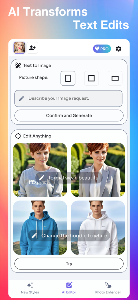 OLyne: AI Photo Editor, Art - OLyne app interface showing AI text-to-edit features for changing outfits and clothing colors in photos.