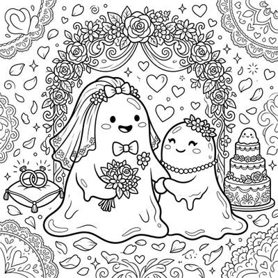 Join two delightful gooey blobs as they celebrate their special wedding day in this charming coloring page. Featuring a floral arch, rings, and a cake, it's a wonderfully whimsical scene ready for your creative touch.