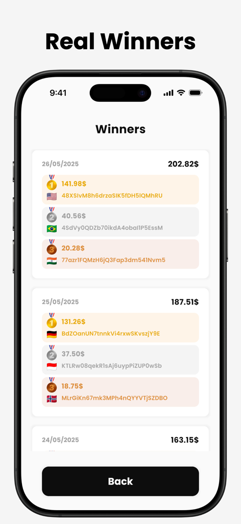 Lotely: Daily Giveaways - Interface showing recent cash prize winners from daily giveaways