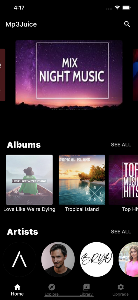 Mp3 Juice - Home screen of the Mp3 Juice app showing music albums and artist profiles
