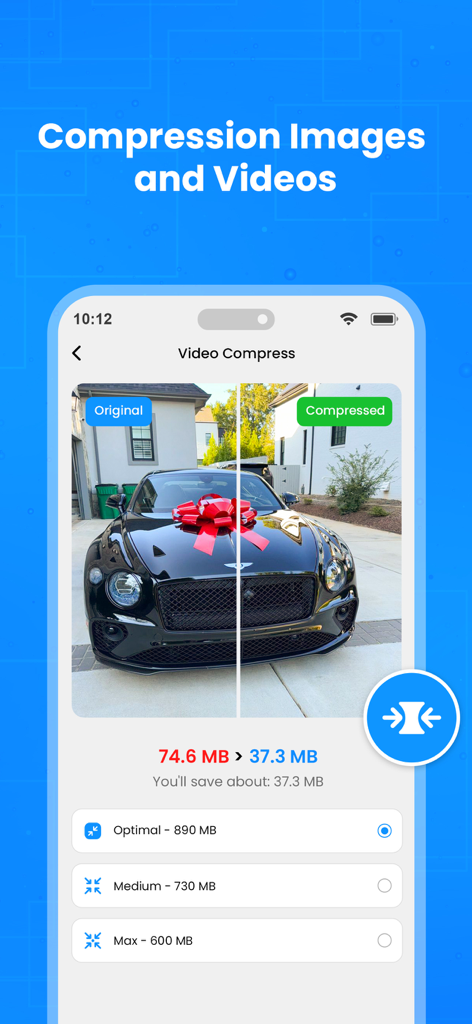 AI Cleaner - Storage Cleanup - Interface of the AI Cleaner app showing the Video Compress feature with a side by side comparison of a photo before and after compression.