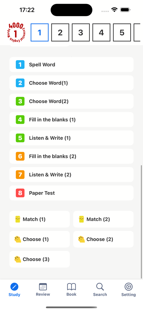 4000 Essential English Words ⑴ - Un menú de ejercicios de vocabulario en la aplicación 4000 Essential English Words que incluye pruebas de ortografía, completar espacios en blanco y escucha.