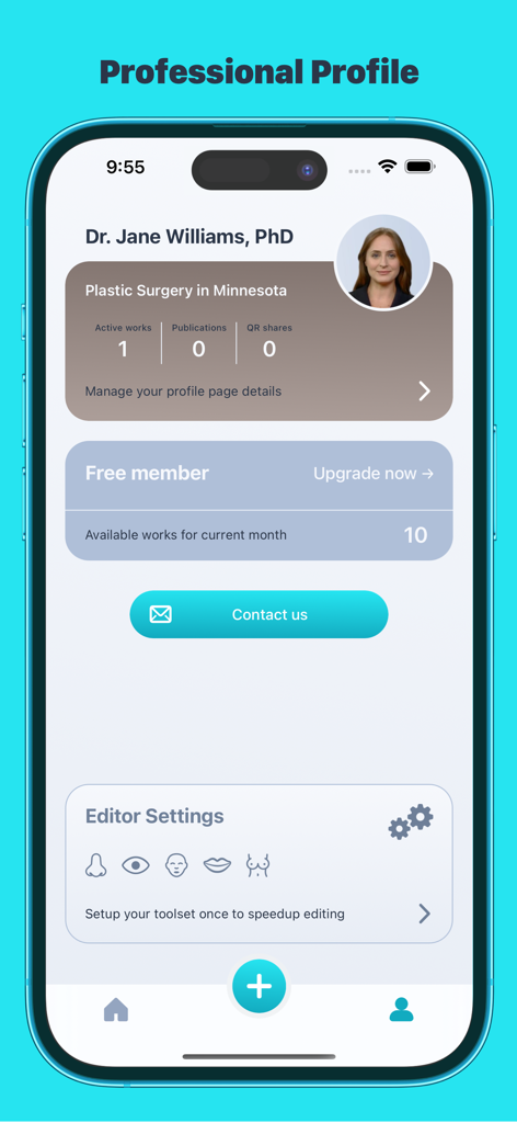 Schermata del profilo professionale di un chirurgo plastico nell'app iMed HIPAA cloud che mostra dettagli del profilo e impostazioni dell'editor.