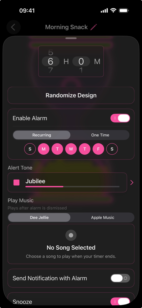 Mojisand: Emoji Sand Timers - Mojisand app screen showing alarm and timer settings with a pink aesthetic theme