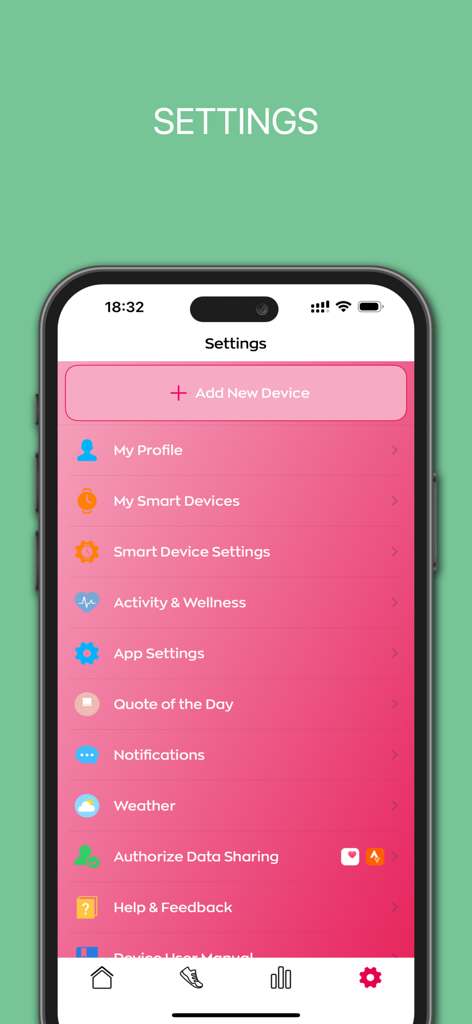 Settings menu of the Avon Smart V2 app showing options for profile management, smart device configuration, and wellness tracking on a pink and white interface.