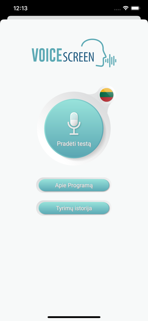 VoiceScreen. - Hauptoberfläche der VoiceScreen-App mit Schaltflächen zum Starten eines Sprachtests und Anzeigen der Aufzeichnungshistorie