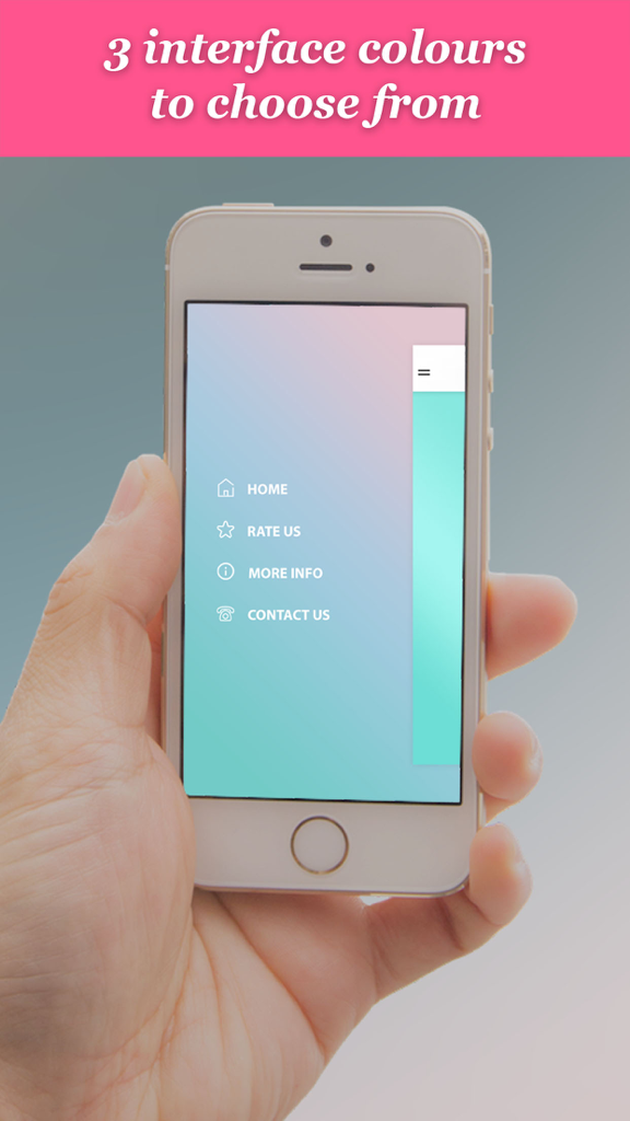 A person holding an iPhone showing the menu of the My Pregnancy Beats app with a blue and pink gradient background