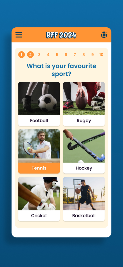 Schermata dell'app BFF Friendship Test che mostra una domanda del quiz sullo sport preferito dell'utente con varie opzioni di immagine come calcio e tennis.