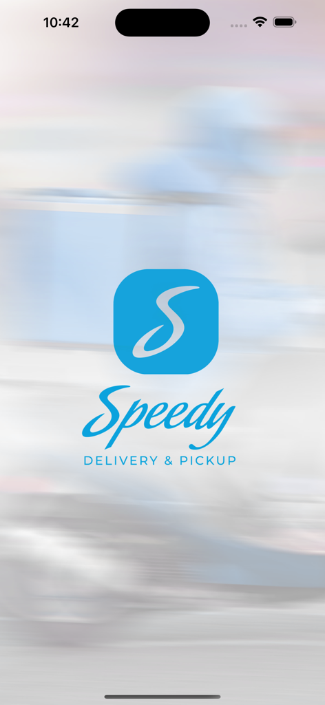 Speedy Delivery and Pickupアプリのスプラッシュスクリーン、青いロゴ付き