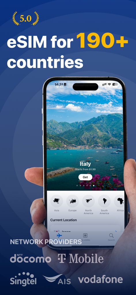 Travel eSIM from $1.99 | Simmy - Simmy app on smartphone showing travel eSIM plans for 190 countries