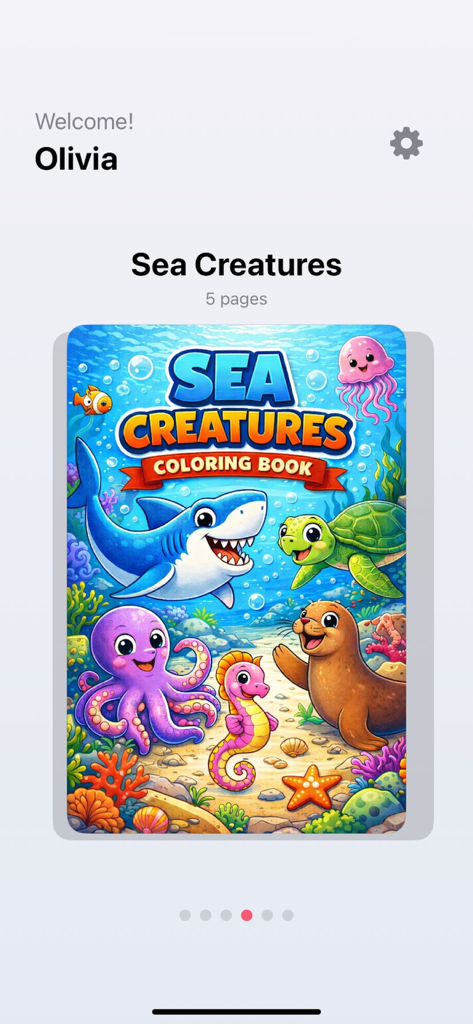 KidsFun Coloring Books - オリビアのユーザープロフィール向けの海の生き物お絵かき帳の表紙をフィーチャーしたKidsFunお絵かき帳アプリのウェルカム画面。