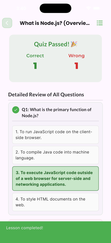 Learn NodeJs & ExpressJs - Uma tela do aplicativo Learn NodeJs mostrando um quiz aprovado e uma revisão detalhada de uma pergunta sobre a execução do lado do servidor Node.js.