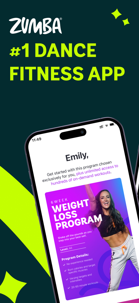 Screenshot of the Zumba app promoting a personalized six week weight loss program for dance fitness