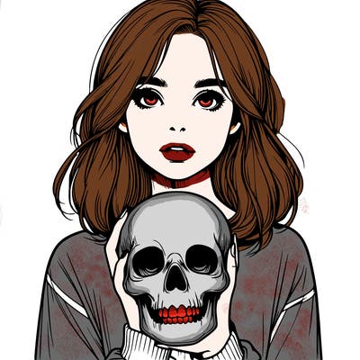 realistic girl holding a skull
