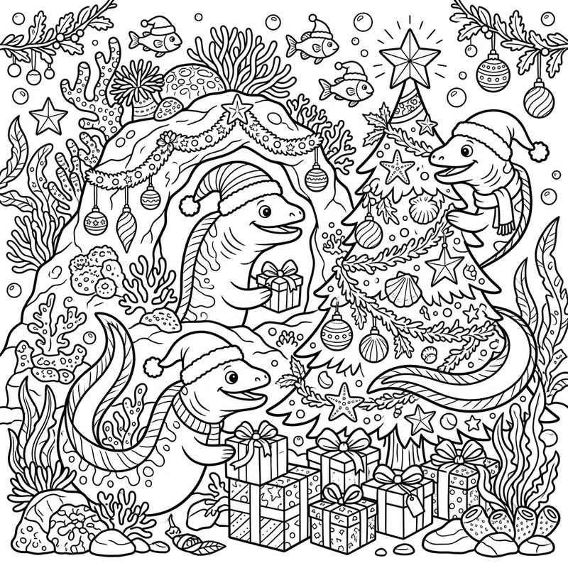 Get ready for a unique holiday celebration with our Moray Eels Christmas coloring page! These friendly sea creatures are decking the halls (or reefs!) with festive cheer, complete with Santa hats and presents.