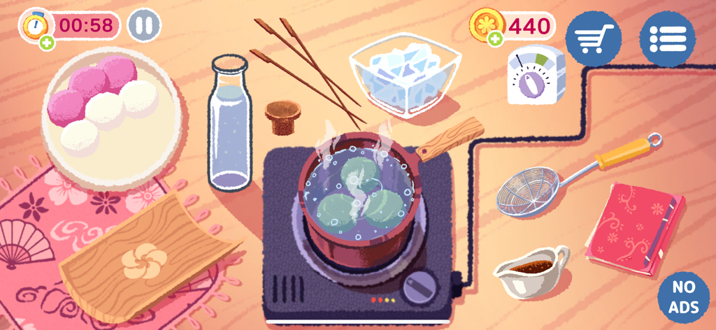 Cozy cooking simulation gameplay showing green dumplings boiling in a pot with kitchen tools and ingredients in a cute art style