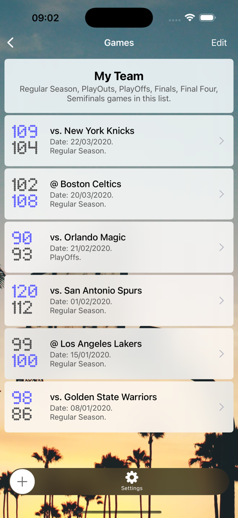 The game log screen of the Assistant Coach app showing scores and dates for various basketball matches