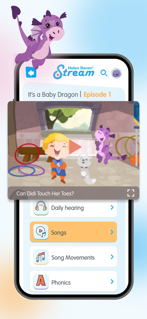 Interfaz de Helen Doron Stream 2.0 que muestra una lección en video para niños y categorías educativas