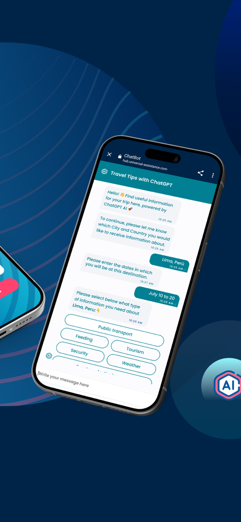 Pantalla de chatbot en la aplicación Universal Assistance que brinda consejos de viaje para Lima, Perú, impulsada por ChatGPT.