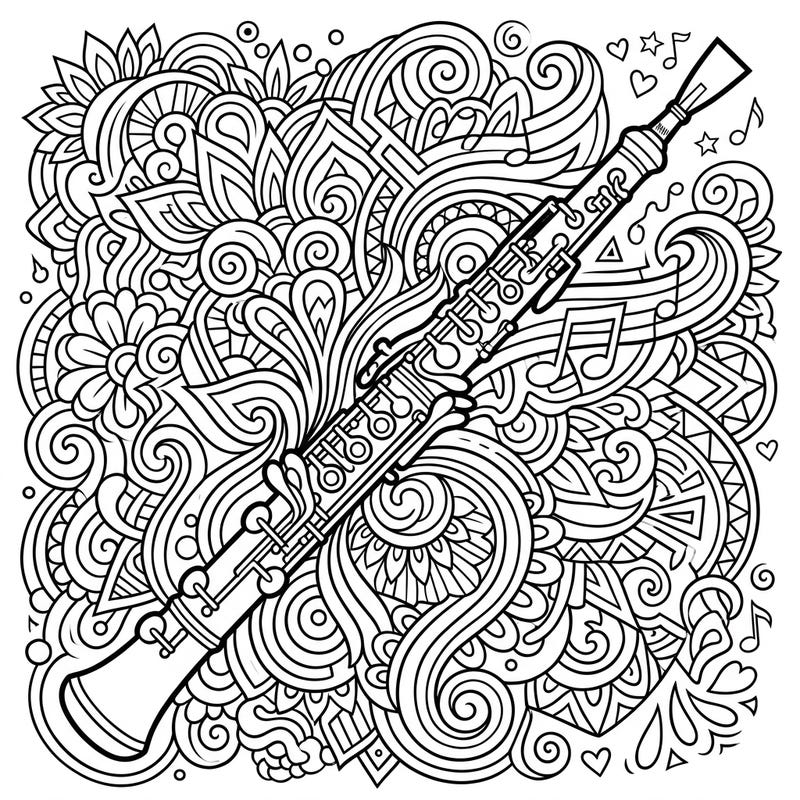Explore your artistic side with this captivating oboe coloring page designed especially for teens. Immerse yourself in a world of music and intricate patterns, perfect for mindful relaxation or a creative challenge.
