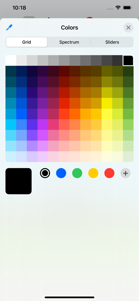 Anime Maker - Farbpaletten-Auswahlraster in der Anime Maker App, das verschiedene Farbtöne und Pipettenoptionen zeigt.