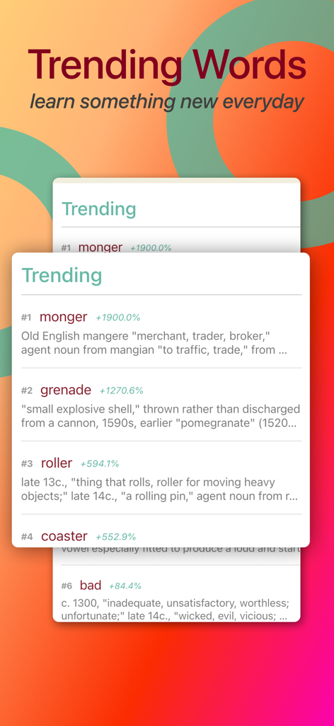 Uma interface de aplicativo móvel intitulada Palavras em Alta mostrando uma lista de palavras como 'monger' e 'grenade' com suas origens históricas e aumentos percentuais de busca.