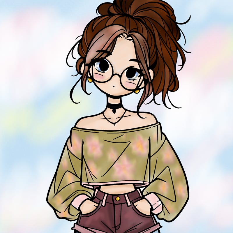 girl with a messy ponytail glasses a baggy crop top and jean shorts