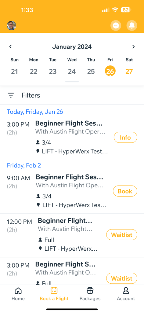 LIFT Aircraft - LIFT Aircraft app interface for scheduling and booking beginner flight sessions
