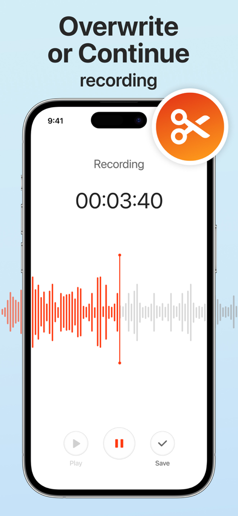 Voice Recorder - Dictaphone - Interface of the Voice Recorder app showing the overwrite and continue recording feature with a red waveform and timer