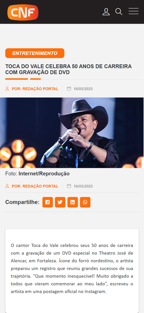 CNF - Artigo de notícias no aplicativo CNF sobre o cantor Toca do Vale celebrando 50 anos de carreira.