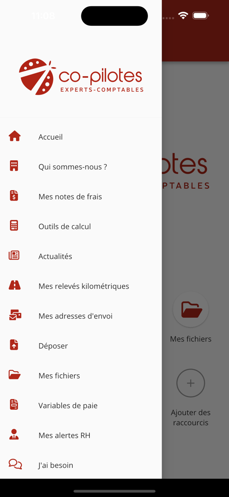 Co-pilotes - Side navigation menu of the Copilotes mobile app for accounting and business management