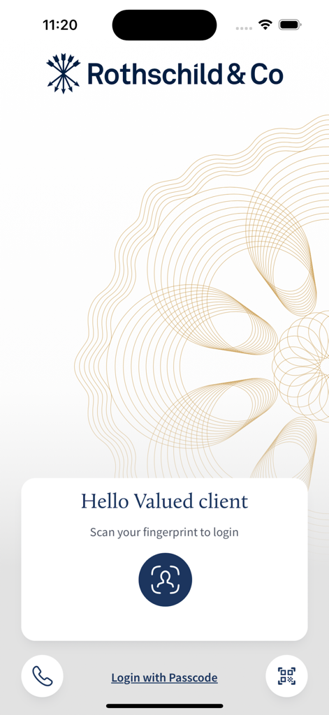 Rothschild & Co MobileBanking - Rothschild und Co Mobile Banking Anmeldebildschirm mit biometrischer Anmeldeoption
