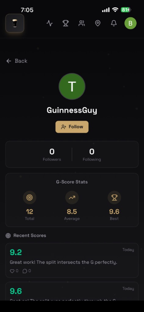 G-Score - Screenshot of the G-Score app user profile page for GuinnessGuy showing pint split stats and recent scores