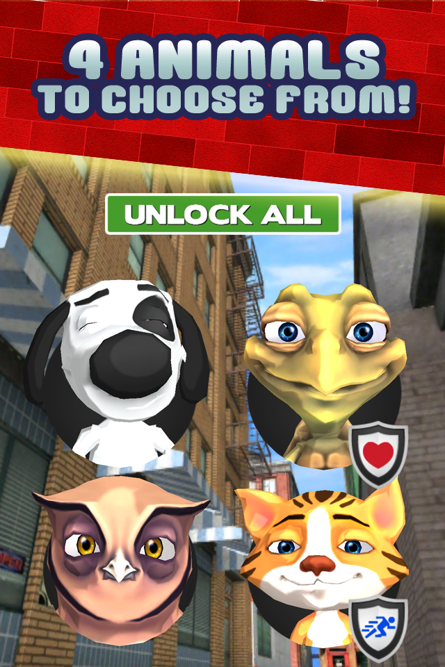 Happy City Animal Pet Game for Kids by Fun Puppy Dog Cat Rescue Animal Games FREE - Screen showing four playable animal characters including a dog, turtle, owl, and cat with an unlock all button
