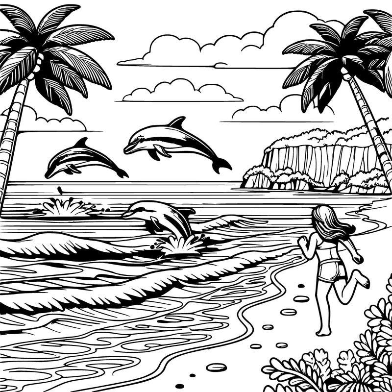 an ocean with a beach and plam trees dolphins jumping out of the water girl running on beach this is all realistic
