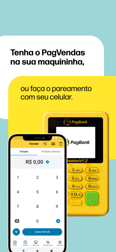 노란색 PagBank 카드 리더기와 페어링된 PagVendas 앱을 보여주는 스마트폰