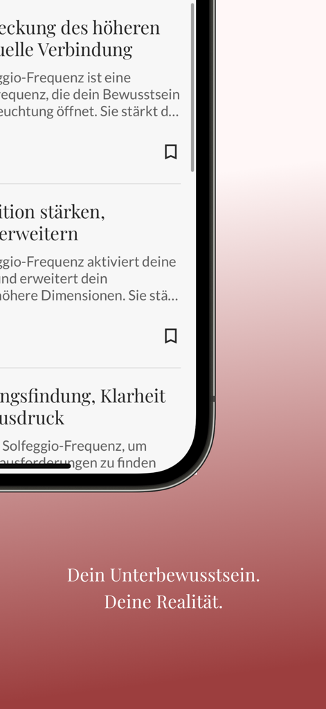 Auramagie: Subliminals+Mantras - Mobile app interface displaying descriptions for Solfeggio frequencies and spiritual meditation categories