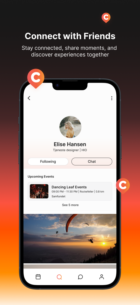 Connect App - Events Nearby - Mobile screen showing a user profile with upcoming events and social connection options in the Connect App
