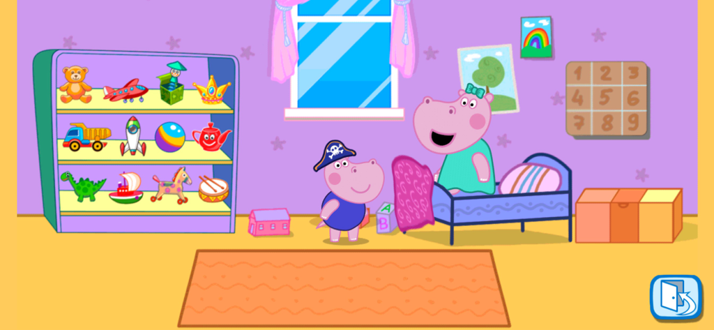 Zwei Hippo-Charaktere in einem bunten Spielzimmer mit einem Regal voller Spielzeug und einem Piratenhut
