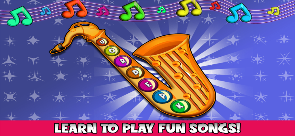 Piano Music & Singing Games - An interactive toy saxophone with colorful lettered buttons for children to learn and play music.