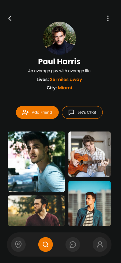 Holla App Me - Tela de perfil de usuário do Holla App Me mostrando a distância de localização e opções de conexão social.