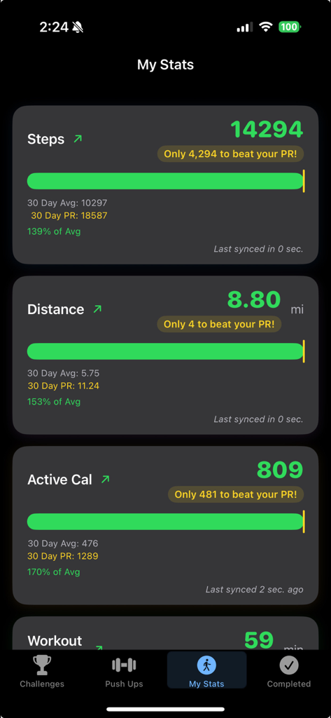 NextRep Challenge - My Stats screen in the NextRep Challenge app showing personal records and daily progress for steps distance and active calories