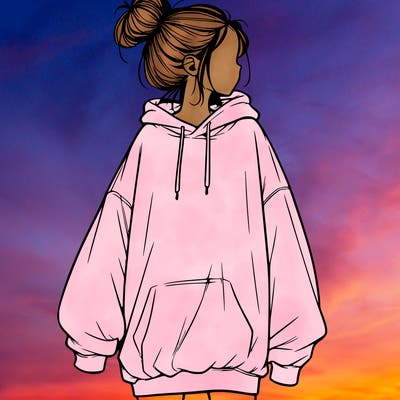 realistic girl with a oversized sweatshirt on and a bun