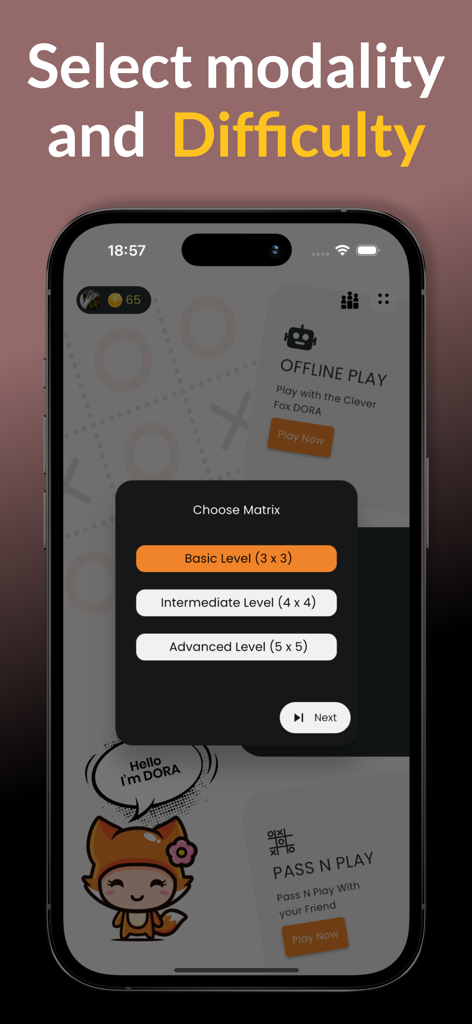 Interface of Cash'em All app showing the difficulty level and matrix size selection screen