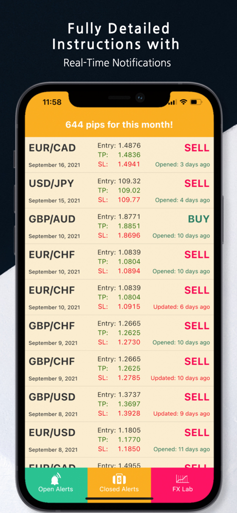 Mobile app screen showing a list of forex trading signals with buy and sell instructions for various currency pairs.