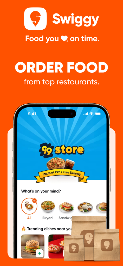 Swiggy mobile app interface for ordering food with various dish categories and deals