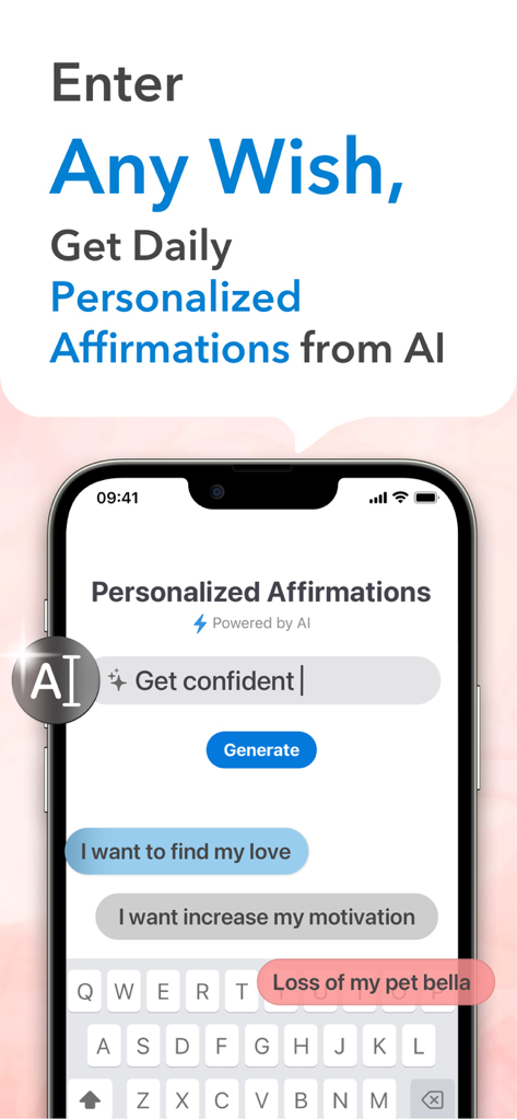 I am + AI Affirmations Widget - Una interfaz de smartphone que muestra un campo de entrada de texto para ingresar deseos personales para afirmaciones generadas por IA