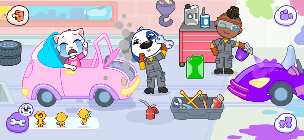 Talking Tom and friends in a creative garage scene repairing and painting cars