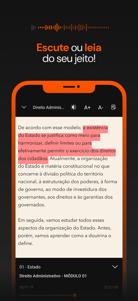 EmAudio Concursos - Interface of the EmAudio app showing a study text with highlighting and audio playback controls