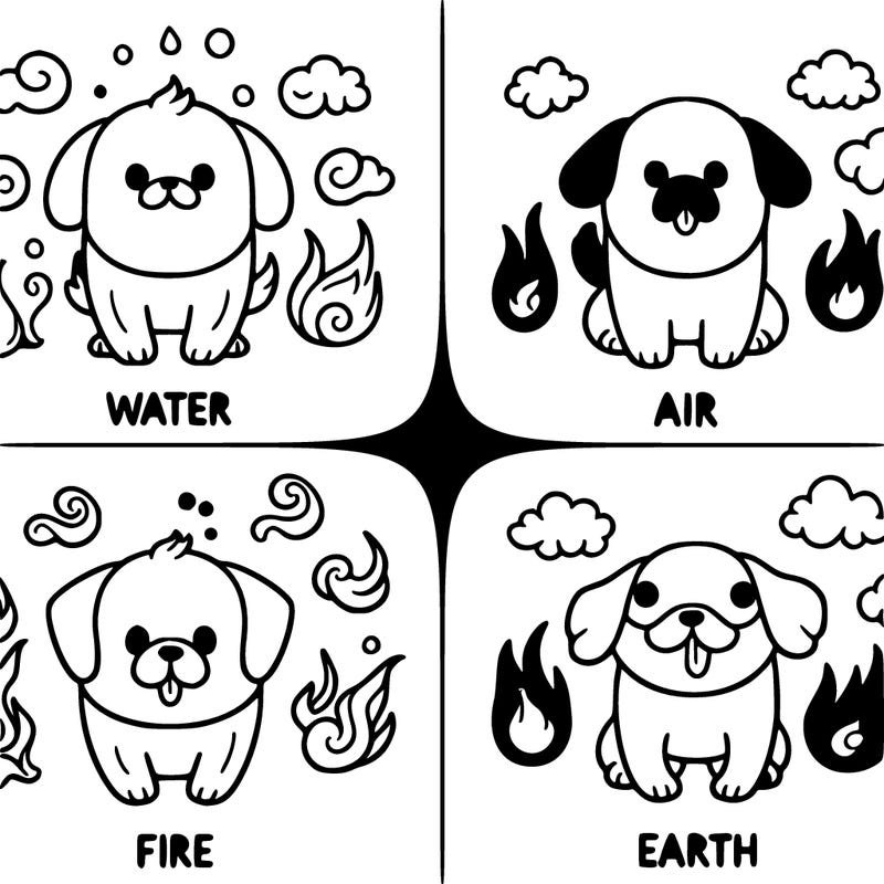 water, air, fire, and earth as dogs